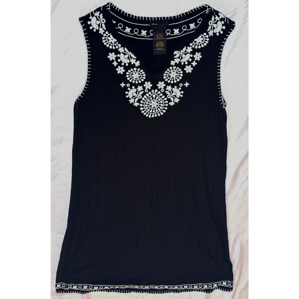 Black mini dress with white embroidery Grace Elements womens size Large